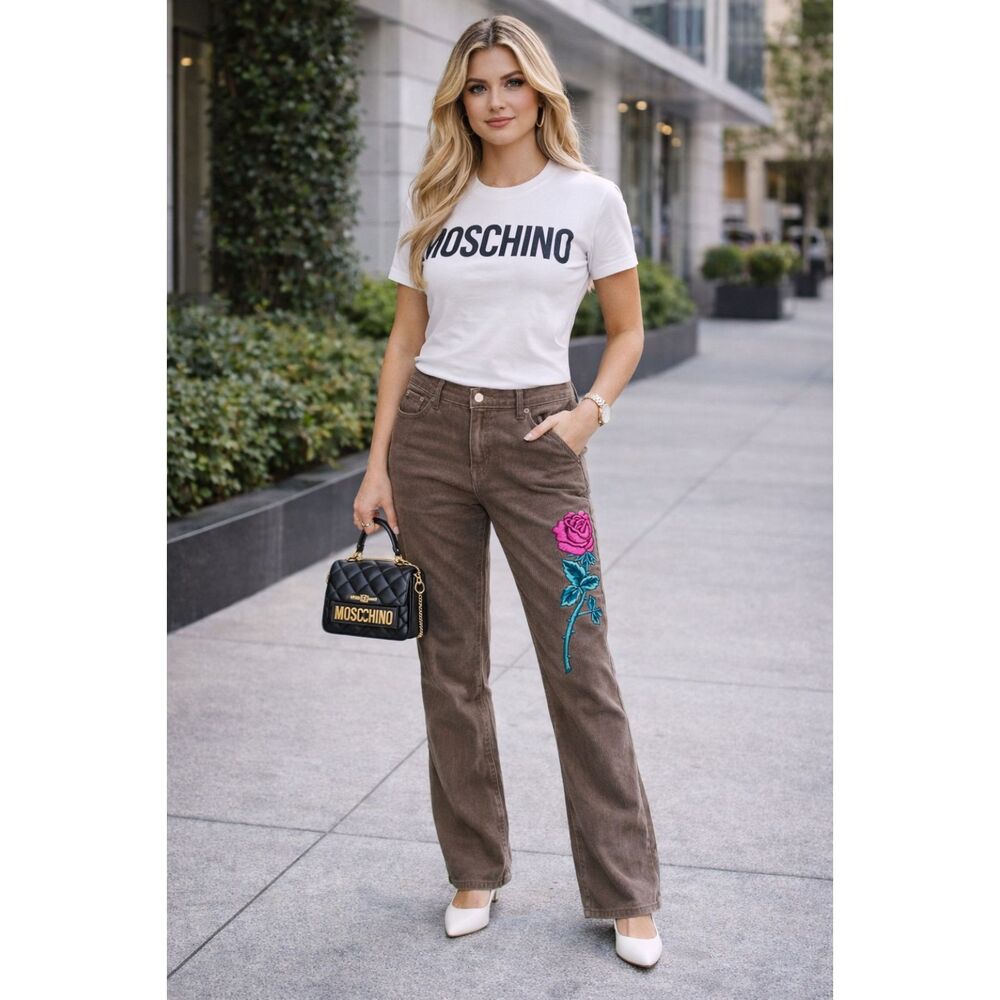 MOSCHINO Jeans Brown Corduroy Embroidered Bootcut Pants Trousers Women's Size 32